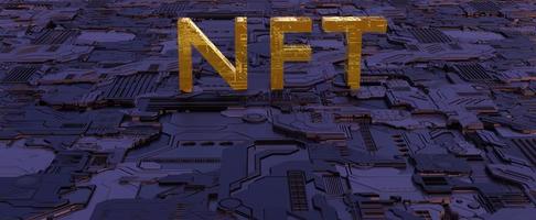 abstrato digital nft. letras douradas de blockchain em 3d renderização de superfície roxa feita de chips e placas de circuito. investimento em criptomoeda e negociação de token com coleção foto