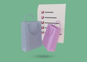 sacolas de compras e opções ou lembretes de lista de compras em papel. isolado em um fundo branco, renderização em 3d foto