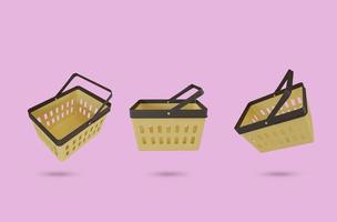 supermercado, comida, conceito de compras de mantimentos. cesta de compras vazia amarela isolada contra um fundo branco. ilustração 3D foto