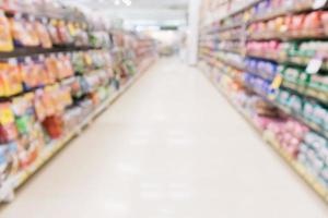 abstrato blur supermercado loja de desconto corredor e prateleiras de produtos interior desfocado fundo foto