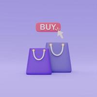 Sacos de compras 3d com botão de compra clique em fundo roxo, conceito de compras online, renderização em 3d. foto