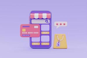 loja de compras online em smartphone com sacola de compras e cartão de crédito em fundo roxo, renderização em 3d. foto