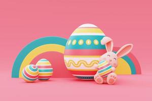 feliz fundo colorido de páscoa com ovos de páscoa e coelhinho da páscoa, celebração da primavera internacional, estilo mínimo, renderização em 3d. foto