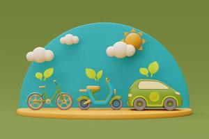 carro elétrico, motocicleta, bicicleta, dia mundial do meio ambiente, conceito de energia sustentável ecologicamente correto, renderização em 3d. foto