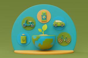 globo do mundo com mudas ao redor de carro elétrico e fonte de alimentação para carregamento de carro elétrico, dia mundial do meio ambiente, fonte alternativa de eletricidade, energia limpa, renderização em 3d. foto