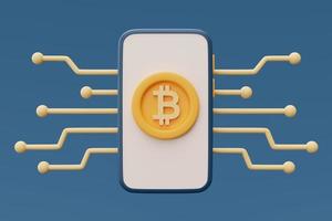 moeda digital bitcoin dourada no smartphone, serviços de tecnologia blockchain, conceito de moeda criptográfica, renderização em 3d. foto