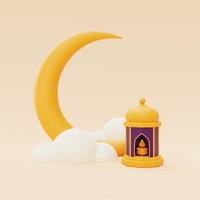 3D saudações do ramadã com lanterna e lua crescente, feriado islâmico, raya hari, eid al adha, renderização em 3d. foto