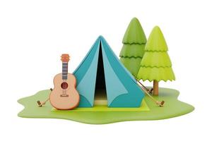 barraca de acampamento turística com guitarra no local de acampamento, conceito de acampamento de verão, renderização em 3d. foto