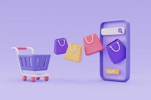 loja de compras online em smartphone com carrinho de compras e sacos em fundo roxo, renderização em 3d. foto