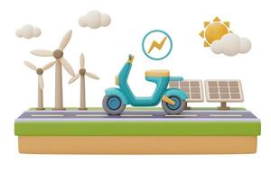 fonte alternativa de conceito de eletricidade, motocicleta elétrica em uma estrada com turbinas eólicas e painéis solares em segundo plano, eco amigável, energia limpa, renderização em 3d. foto