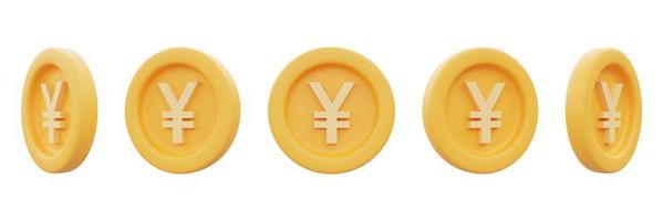 conjunto de moedas de ouro com ienes, sinal de yuan isolado no fundo branco, negócios, finanças ou conceito de câmbio, renderização style.3d mínima. foto