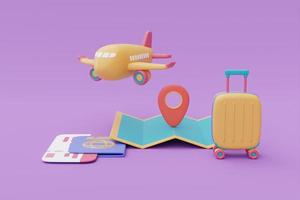 turismo e plano de viagem para viagem, avião, mala, mapa, passaporte e bilhetes, tempo para viajar, reserva de passagens aéreas online, férias, renderização em 3d foto