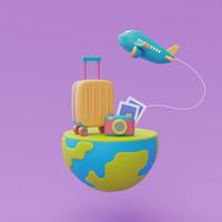 plano de turismo e viagem para viagem conceito com mala amarela, câmera e avião no globo, férias, hora de viajar, renderização em 3d foto