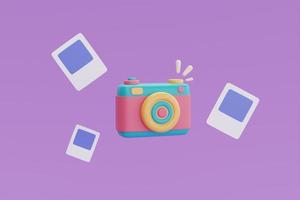 Molduras para fotos 3D com câmera colorida em fundo roxo, turismo e plano de viagem para viagem conceito, férias, tempo para viajar, renderização em 3d