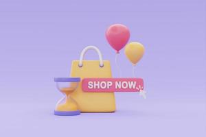 compras on-line com sacola de compras e ampulheta, tempo de marketing e promoções de venda instantânea em fundo roxo, renderização em 3d. foto