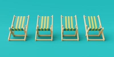 renderização 3D do conceito de férias de verão com cadeiras de praia isoladas em fundo azul, elementos de verão, renderização minimalista de style.3d. foto