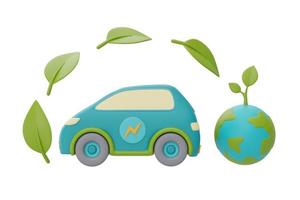 carro elétrico com globo mundial e folha verde, economia de energia inteligente, feliz dia da terra, dia mundial do meio ambiente, eco amigável, renderização em 3d. foto