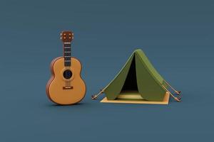 barraca de acampamento com guitarra isolada em fundo azul para acampamento de verão, férias de férias concept.minimal style.3d renderização. foto