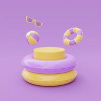 anel inflável colorido e display com elementos de praia de verão flutuando em fundo roxo, conceito de horário de verão, renderização em 3d. foto