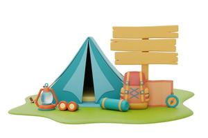 barraca de acampamento turística com equipamento de acampamento e placa de madeira no local de acampamento, conceito de acampamento de verão, renderização em 3d. foto