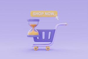 compras on-line com carrinho de compras e ampulheta, tempo de marketing e promoções de venda instantânea em fundo roxo, renderização em 3d. foto