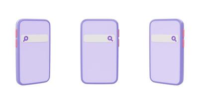 conjunto de smartphone roxo isolado no fundo branco, coleção de objetos de conceito de compras online, renderização em 3d. foto