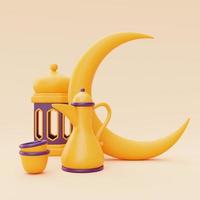 3D saudações do ramadã com lanterna e lua crescente, feriado islâmico, raya hari, eid al adha, renderização em 3d. foto
