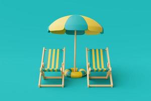 renderização 3D do conceito de férias de verão com cadeira de praia, guarda-chuva e elementos de verão isolados sobre fundo azul, renderização minimalista de style.3d. foto