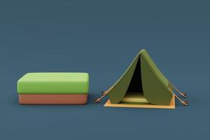 acampamento com pódio de produto vazio cercado por tendas de acampamento em fundo azul, conceito de férias de férias .minimal style.3d renderização. foto