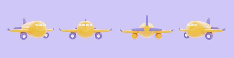 conjunto de avião amarelo isolado em fundo roxo, turismo e viagens, renderização em 3d foto