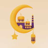 3d saudações do ramadã com lanterna, mesquita e lua crescente, feriado islâmico, raya hari, eid al adha, renderização em 3d. foto