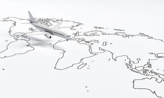 avião voa acima do mapa de papel branco do fundo de viagens do mundo. conceito de viagens e desejo de viajar. renderização de ilustração 3D foto