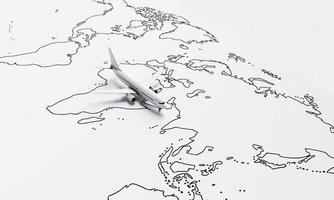 avião voa acima do mapa de papel branco do fundo de viagens do mundo. conceito de viagens e desejo de viajar. renderização de ilustração 3D foto