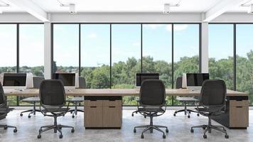sala de escritório loft minimalista com mesa de madeira, janela de moldura e piso de concreto. renderização em 3D