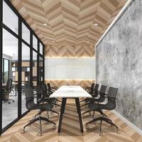 moderna sala de reuniões loft com mesa branca e parede de padrão de madeira, piso de madeira. renderização em 3D foto