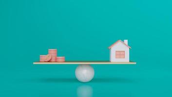 conceito de renderização 3D de investimento. moedas e casa em prancha de concreto. conceito de equilíbrio. conceito minimalista. foto
