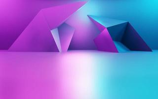 renderização 3D de fundo geométrico abstrato roxo e azul. conceito cyberpunk. cena para publicidade, tecnologia, banner, anúncios de cosméticos, showroom, negócios. ilustração de ficção científica. exibição do produto foto