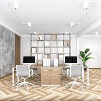 sala de escritório de estilo minimalista industrial com mesa de madeira, piso de madeira e parede de concreto. renderização em 3D foto