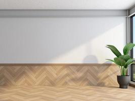 quarto vazio minimalista com parede branca e piso de madeira. renderização em 3D foto