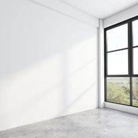 quarto vazio de loft minimalista com parede branca e piso de concreto polido. renderização em 3D foto