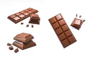 ilustração 3D de deliciosos pedaços de chocolate e barra no fundo branco foto
