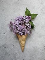 casquinha de sorvete com flores coloridas em fundo cinza. postura plana. conceito mínimo de verão. foto