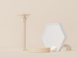 3d renderização do pódio de exibição mínimo abstrato com fundo de pilar barroco antigo grego. design de pedestal para maquete e apresentação do produto. cena de cor pastel limpa. foto