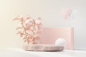 3D render de exibição de pódio de pedestal abstrato com folhas tropicais e cena de planta pastel rosa coral. conceito de produto e promoção para publicidade. fundo natural pastel azul. foto