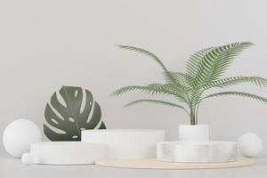 3D render de exibição de pódio de pedestal abstrato com folhas de monstera tropical. conceito de produto e promoção para publicidade. fundo natural verde. foto