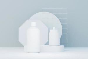 3d renderização de produtos cosméticos em branco para a pele ou embalagens para maquete. sabonete de beleza e conceito de spa. umidade do óleo de loção para a saúde da pele. design premium e de luxo para branding. foto