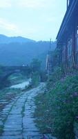 a bela vista do campo chinês com a antiga ponte de pedra em arco acima do rio foto
