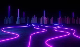 3d renderização da luz de neon rgb no fundo da escuridão. linhas de laser abstratas mostram à noite. cena de feixe de espectro ultravioleta foto