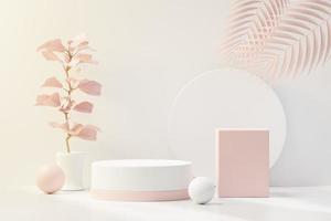 3D render de exibição de pódio de pedestal abstrato com folhas tropicais e cena de planta pastel rosa coral. conceito de produto e promoção para publicidade. fundo natural pastel azul. foto