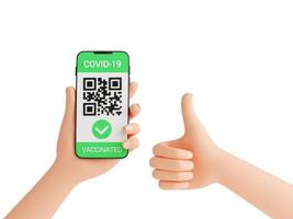 certificado de vacinação covid verde - código qr na tela do celular na mão humana e polegares para cima símbolo 3d render. foto